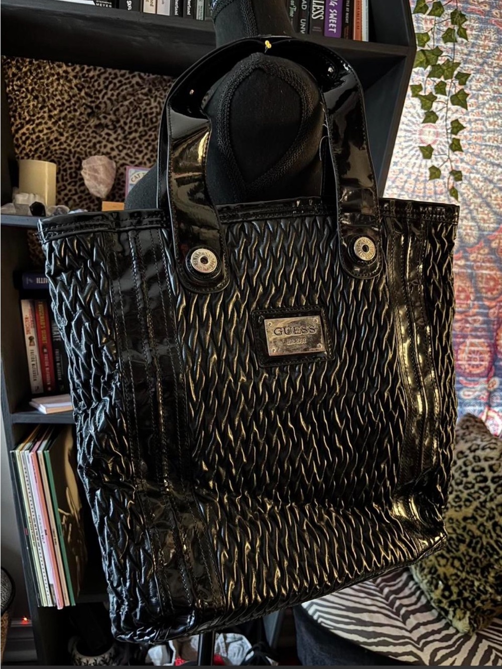 GUESS Black Woven Patent Tote